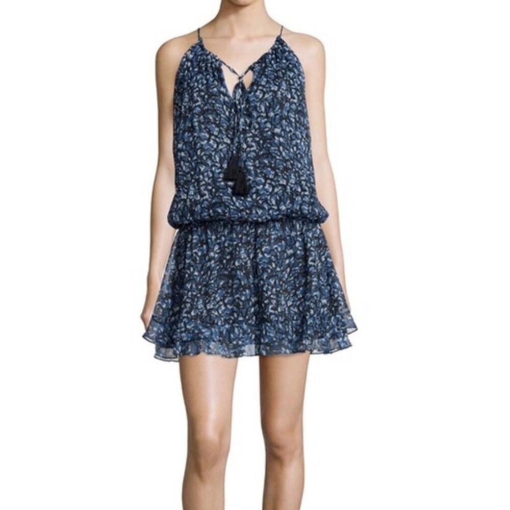 Elizabeth and James 100% Silk Blue Sleeveless Spaghetti Strap Blouson Mini Dress